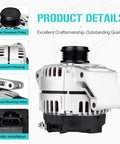 2.2L DOHC Drop-In Alternator Replacement For GM Cars 2002-2007, detailed product features showing aluminum housing and pulley