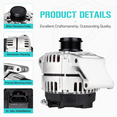 2.2L DOHC Drop-In Alternator Replacement For GM Cars 2002-2007, detailed product features showing aluminum housing and pulley