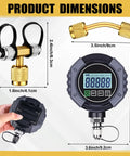 Digital Vacuum Gauge For HVAC 0 To 75000 μmHg Range With 7/16-20UNF Fittings, Buzzer Alarm, 1/4 Inch SAE Extension, Brass Adapter, High Accuracy ±10 μmHg Or ±10 Percent, Ideal For Leak Detection And Evacuation Tests. product dimensions and fittings