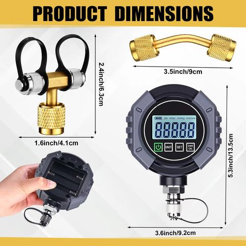 Digital Vacuum Gauge For HVAC 0 To 75000 μmHg Range With 7/16-20UNF Fittings, Buzzer Alarm, 1/4 Inch SAE Extension, Brass Adapter, High Accuracy ±10 μmHg Or ±10 Percent, Ideal For Leak Detection And Evacuation Tests. product dimensions and fittings