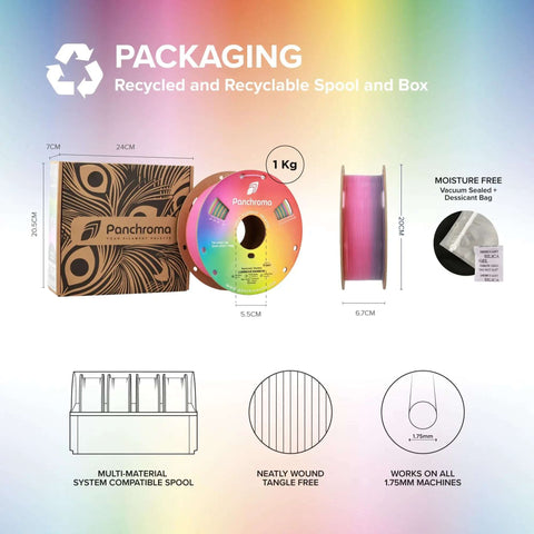 Panchroma Gradient Luminous Rainbow PLA Filament 1.75mm For 3D Printing 1kg Spool packaging and dimensions