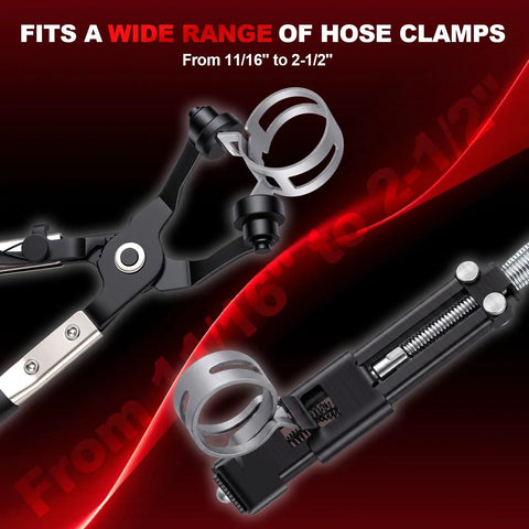 9 Piece Hose Clamp Pliers Set For Auto Work With Long Reach Cable Pliers Swivel Jaw Clip Pliers shown fitting hose clamp.