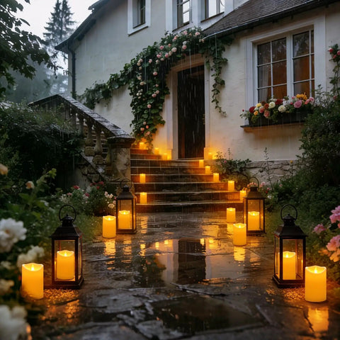 Battery Operated Tea Lights Flameless LED Votive Candles Pack Of 200 With Warm Yellow Glow illuminating stone path and steps