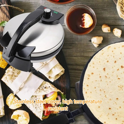 Heavy Duty Electric Tortilla Press 10 Inch Non Stick Roti Maker With Adjustable Heat Control, stainless steel cover and tortillas in use.