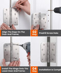 Installation steps for 3 Pack Heavy Duty 304 Stainless Steel Door Hinges With Ball Bearings on a white door.