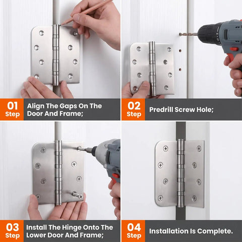 Installation steps for 3 Pack Heavy Duty 304 Stainless Steel Door Hinges With Ball Bearings on a white door.