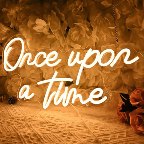 Once Upon A Time Neon LED Light Sign Warm White 15.8 Inch By 8.9 Inch USB Powered 5V on floral wall background.
