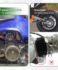 Starter Timing Chain comparison for 50cc to 125cc Chinese ATVs, showing 25H 62 Link Timing Starter Chain Breaker Kit setup.