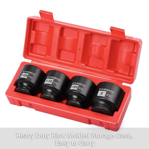 Tough As Nails 1/2 Inch Drive Axle Nut Socket Set, 6 Point CR-MO Steel, 4 Piece with sizes 1-13/16 to 2 inch in red case