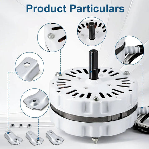 Replacement Attic Fan Motor Kit With 1100 RPM 1/10 HP 120V, showing motor details with brackets and lead wire.