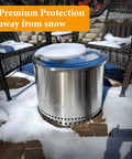 Built Tough 27 Inch Fire Pit Lid Cover With 600D Oxford Fabric Weatherproof Shield for Yukon covering a snow-covered fire pit