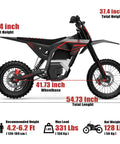 Heavy Duty Electric Dirt Bike With 5500W Mid Drive Motor And 276Nm Torque Shreds Rough Terrain At 55Mph dimensions diagram featuring seat height, wheelbase, and total length.