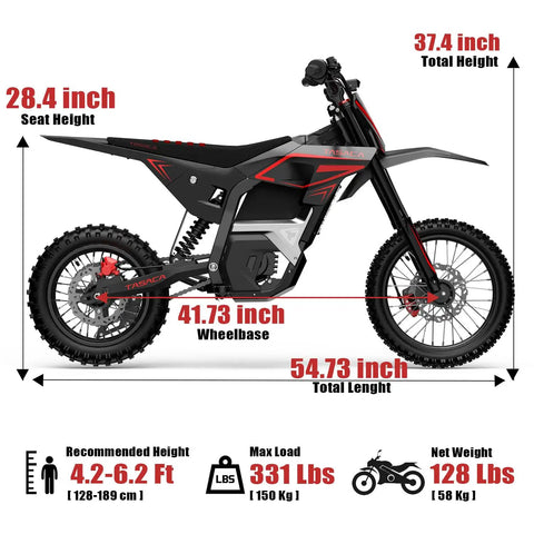 Heavy Duty Electric Dirt Bike With 5500W Mid Drive Motor And 276Nm Torque Shreds Rough Terrain At 55Mph dimensions diagram featuring seat height, wheelbase, and total length.