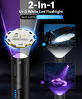 Rechargeable 2-in-1 UV and White Light Flashlight with 395nm UV Black Light Waterproof Zoomable Beam for camping and hiking.