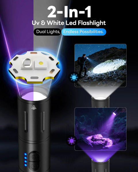 Rechargeable 2-in-1 UV and White Light Flashlight with 395nm UV Black Light Waterproof Zoomable Beam for camping and hiking.
