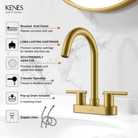 Diagram of Brushed Gold Centerset Bathroom Faucet 4 Inch 2 Handle 3 Hole Sink Faucet With Pop Up Drain features including finish and aerator