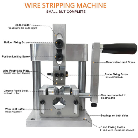 No Sweat Heavy Duty Copper Wire Stripping Machine With Handy Dandy Hand Grip And Power Drill Adapter Slick Aluminum Body setup with detailed components.