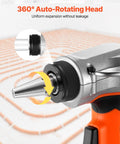 Cordless Tube Expander Kit With 20V Max Power Pro Grade for PEX A tubing featuring 360° rotating head and expansion detail.