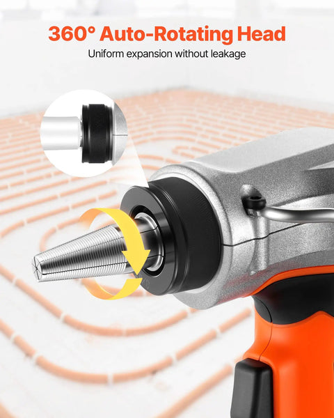 Cordless Tube Expander Kit With 20V Max Power Pro Grade for PEX A tubing featuring 360° rotating head and expansion detail.
