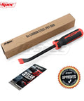 Beefy 8 Inch Pry Bar With Ergonomic Non Slip Handle And Striking Cap, Carbon Steel Build With Rust Resistant Coating shown with packaging and warranty