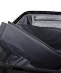 Interior view of durable spinner luggage with compartments