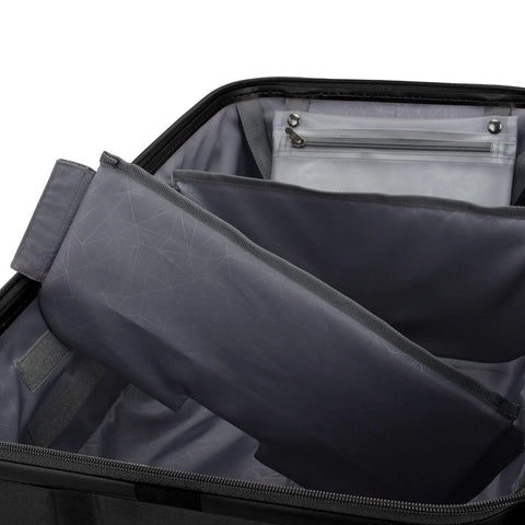 Interior view of durable spinner luggage with compartments