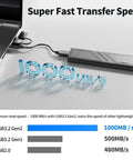 EP1000 1TB Portable External SSD Drive connected to laptop, USB C cable, aluminum enclosure, 1000MBps read speed shown