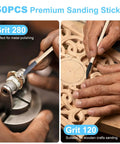 Double End Sanding Sticks Set With 120 And 280 Grits For Small Holes And Fine Detailing On Plastic Models Wood And Metal Pro Grade Handy For Detail Work Size Five Point Four By Zero Point Two Inch Fifty Pack used for precision work on metal and wood.