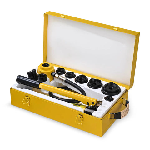 Heavy Duty Hydraulic Knockout Punch Kit 10 Ton With 6 Die Sets For 1/2 To 2 Inch Conduit Pro Grade Electrical Hole Punch Driver Yellow in case