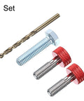 Pro Grade Spring Plunger Set With Knurled Handle M6x1 Quick Slide Pin For Jigs And Vises Rock Solid Stainless Steel Build Rust Free Finish No Fuss Thumb Operation Works Like A Charm Red Two Piece Kit including two red plunger pins and a drill bit.