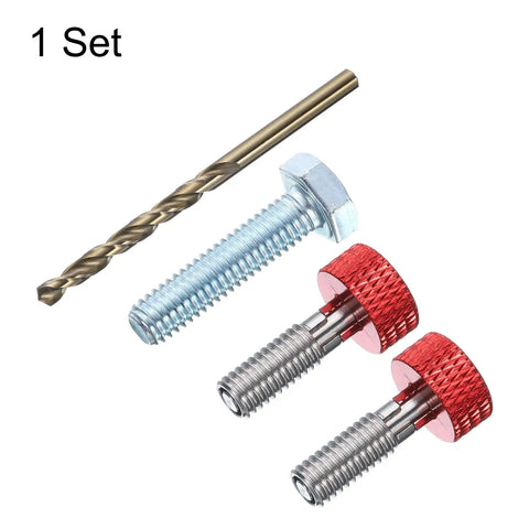 Pro Grade Spring Plunger Set With Knurled Handle M6x1 Quick Slide Pin For Jigs And Vises Rock Solid Stainless Steel Build Rust Free Finish No Fuss Thumb Operation Works Like A Charm Red Two Piece Kit including two red plunger pins and a drill bit.