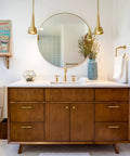 Modern bathroom with wooden vanity featuring Six Pack Of 5 Inch 128mm Retro Zinc Alloy Cabinet Handles Antique Brass Cabinet Pulls.