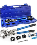 Blue IWISS iCrimp copper pipe pressing tool kit in case with dies, cutter, and deburring tool