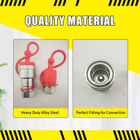 Image of Heavy Duty 3/8 Inch Npt Hydraulic Quick Connect Coupler Set Iso 5675 Carbon Steel Couplings showing quality connectors with rubber caps.