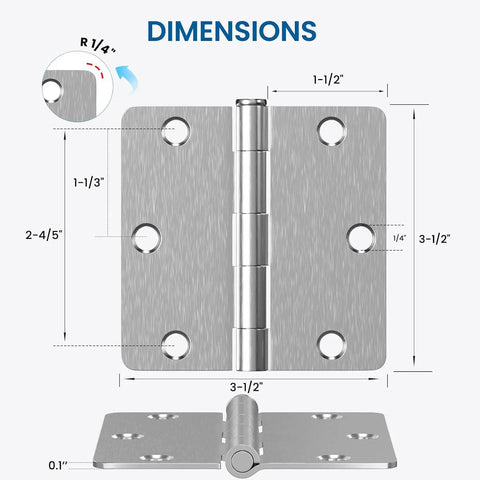 Image showing dimensions of 18 Pack Brushed Nickel Door Hinges Three And A Half Inch By Three And A Half Inch Interior Hinge With One Quarter Inch Radius Satin Nickel Finish Built For Steel Residential Doors Fits Bedroom And Standard Doors