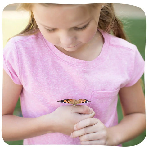 Cup Of Caterpillars Basic Refill Kit With Five Live Painted Lady Caterpillars And Food For A Butterfly Garden Habitat Perfect For Hands On STEM Activities For Kids And Classrooms girl holding butterfly