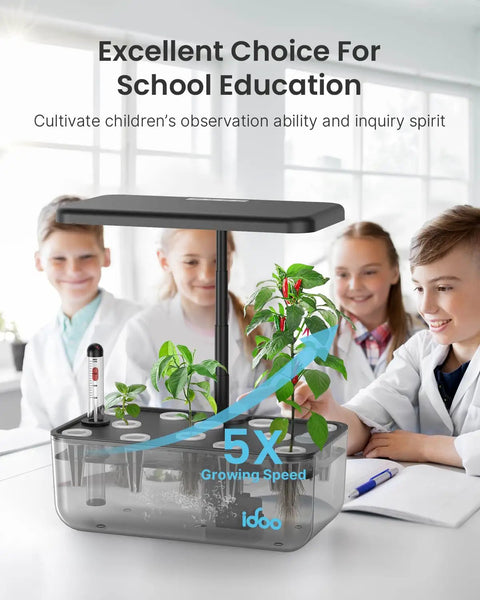 Children studying 12 Pod Indoor Led Hydroponic System Kit With Self Watering 5L Reservoir Transparent Grow Station in classroom