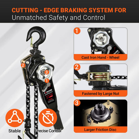 Beefy Three Quarter Ton Manual Lever Chain Hoist 1650 Lbs Capacity 10 Ft Lift G80 Galvanized braking system details