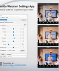 NexiGo Webcam Settings App interface showing video adjustments for the Crisp 1080P 60FPS Webcam With Built In Ring Fill Light