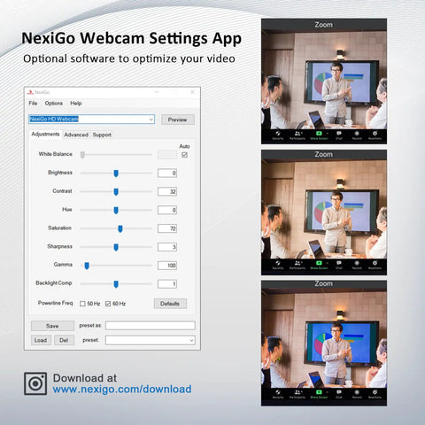 NexiGo Webcam Settings App interface showing video adjustments for the Crisp 1080P 60FPS Webcam With Built In Ring Fill Light