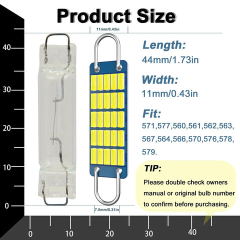 Dimensions of 561 LED Festoon Bulbs 44mm Pack Of 4 Super Bright White Interior Map Dome Courtesy Lights For Cars 12V Plug And Play Replacement