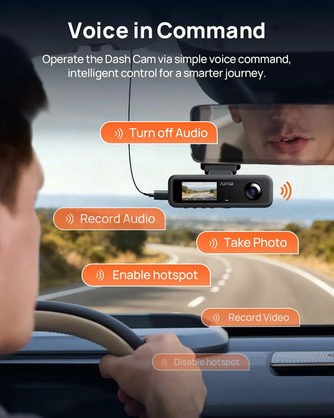 Beast 4K Front And Interior Dash Cam With Rear 1080P displayed on car windshield showing voice control options