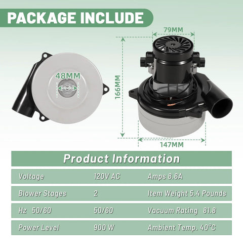 VORGENS vacuum blower motor and housing, 120V, 2-stage, 900W (front and side views)