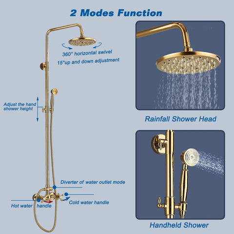 Gold Finish Rain Shower System Set With 8 Inch Rainfall Head And Handheld Spray Wall Mount Dual Function Faucet