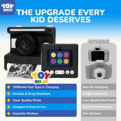 Kids Instant Print Camera For Ages 3 To 12 With 1080P Video Two Point Four Inch Screen Black And White Thermal Printing No Ink Fun Filters Flash Time Lapse Continuous Shoot Sixteen Times Digital Zoom Easy Share And Decorate, black kids camera with print preview
