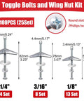 Diagram of Heavy Duty Drywall Toggle Bolts Kit With 100 Pieces Hollow Wall Anchors And Screws in three sizes: 1/8, 3/16, 1/4 inch.