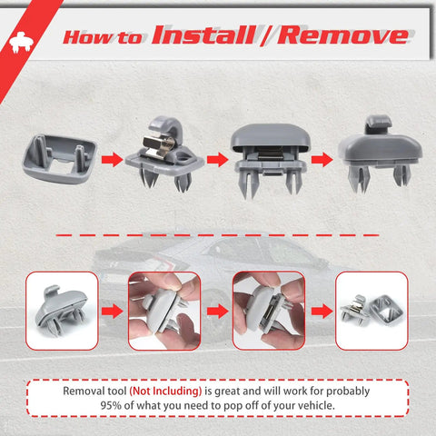 Audi Inner Sun Visor Clips Two Pack Upgrade installation and removal guide with visual steps for A3 A4 A5 S3 S4 S5 TT Q3 Q5, fits 10mm 9mm holes