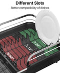 Expandable Dish Drying Rack For Kitchen Counter With Drainboard And Utensil Holder showing different slot sizes for dishes