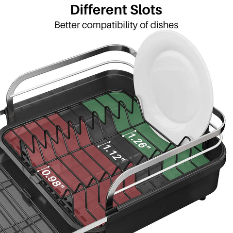 Expandable Dish Drying Rack For Kitchen Counter With Drainboard And Utensil Holder showing different slot sizes for dishes
