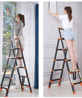 Women using A Frame Telescoping Ladder With One Button Retraction, Aluminum Adjustable Extension Ladder, indoors, 330 lb capacity
